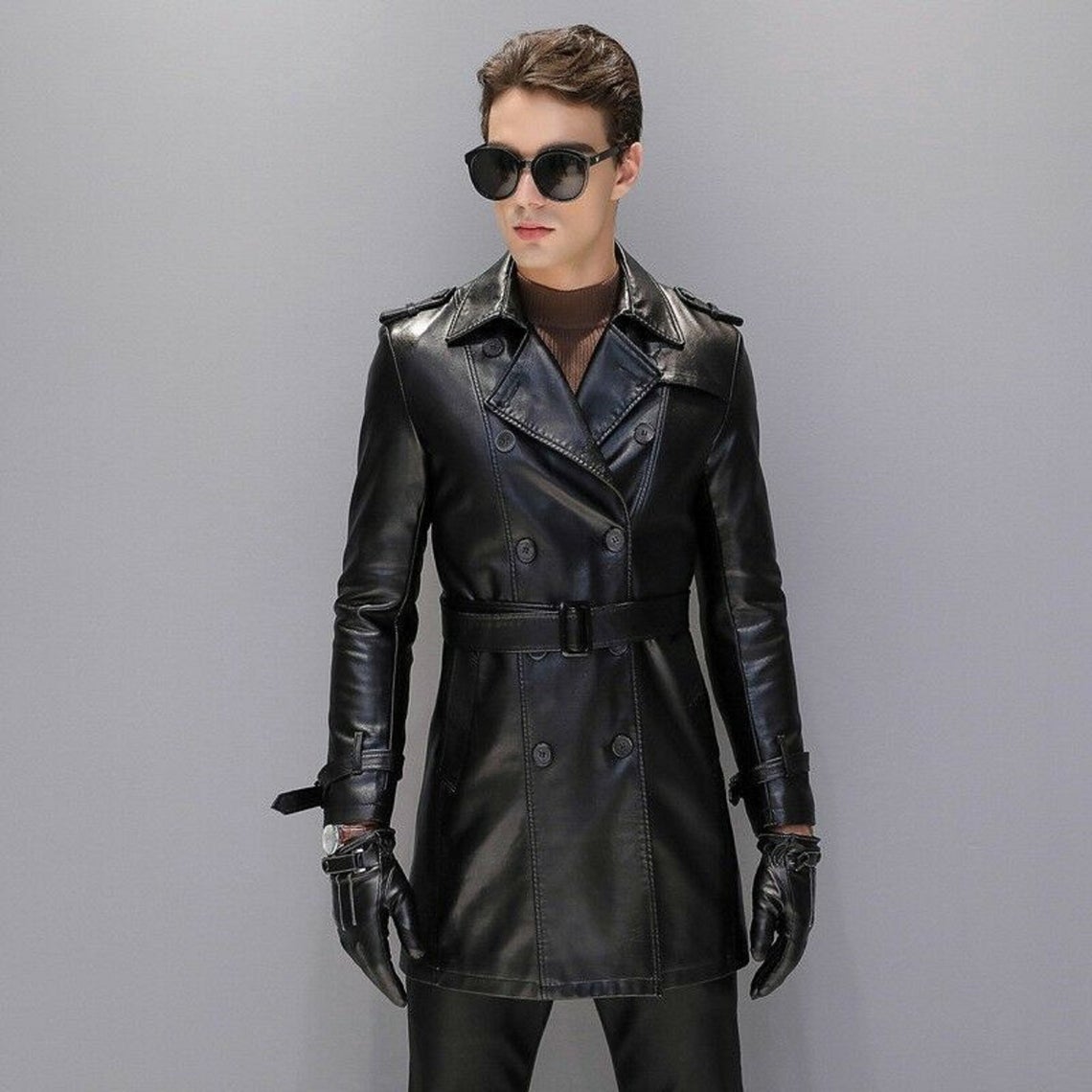 NOORA Mens BLACK Trench Coat Steampunk Shot Trench Coat Leather Coat Trench Coat Real LAMBSKIN Leather Long Coat-Hand Made Real Leather #Sj