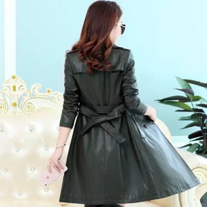 NOORA NEW Stylish Lambskin Soft Leather Women Black Genuine Leather Trench Coat, designer trench coat