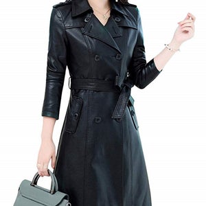 NOORA NEW Stylish Lambskin Soft Leather Women Black Genuine Leather Trench Coat, designer trench coat