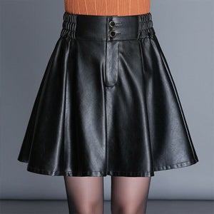 NOORA Lady Leather Pleated Skirt Mini Dress Lined Elastic Waist Black A-Line Cute high waisted skirt vintage skirt SJ147