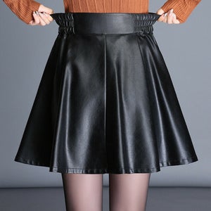 NOORA Lady Leather Pleated Skirt Mini Dress Lined Elastic Waist Black A-Line Cute high waisted skirt vintage skirt SJ147