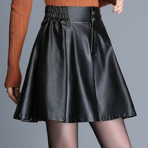 NOORA Lady Leather Pleated Skirt Mini Dress Lined Elastic Waist Black A-Line Cute high waisted skirt vintage skirt SJ147