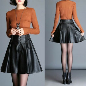 NOORA Lady Leather Pleated Skirt Mini Dress Lined Elastic Waist Black A-Line Cute high waisted skirt vintage skirt SJ147