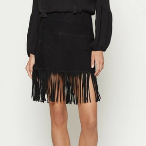 NOORA New Ladies Black Leather Skirt Celebrity Runway Genuine Lambskin Suede Leather Tiered Layer Fringe Tassel Skirt Midi Pencil WA39