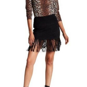NOORA New Ladies Black Leather Skirt Celebrity Runway Genuine Lambskin Suede Leather Tiered Layer Fringe Tassel Skirt Midi Pencil WA39