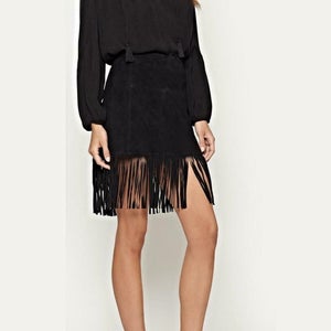 NOORA New Ladies Black Leather Skirt Celebrity Runway Genuine Lambskin Suede Leather Tiered Layer Fringe Tassel Skirt Midi Pencil WA39