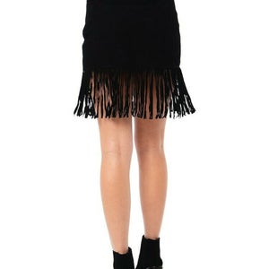 NOORA New Ladies Black Leather Skirt Celebrity Runway Genuine Lambskin Suede Leather Tiered Layer Fringe Tassel Skirt Midi Pencil WA39