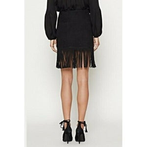 NOORA New Ladies Black Leather Skirt Celebrity Runway Genuine Lambskin Suede Leather Tiered Layer Fringe Tassel Skirt Midi Pencil WA39