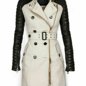Noora Women's Genuine Lambskin Ivory & Black Leather Trench Coat, Handmade Stylish Long Leather Coat