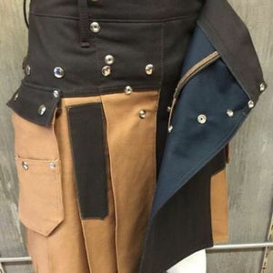 NOORA Black & Biege Leather Pleated straps kilt, unisex adult stylish kilt, Modern Design kilt tactical combat Scottish-SJ220