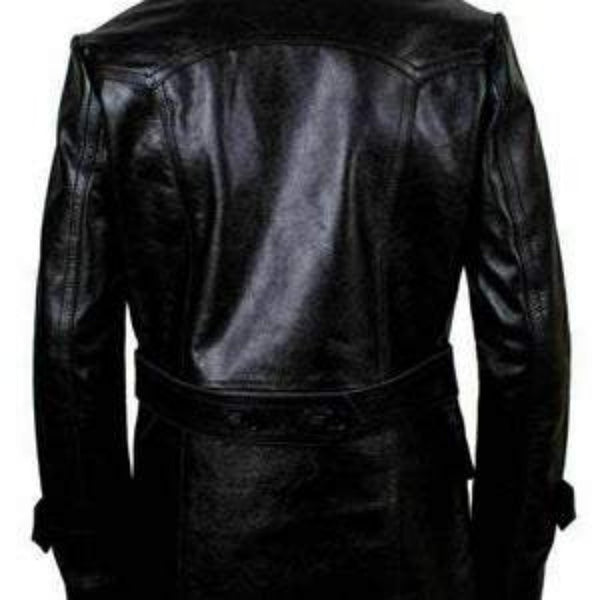 Noora Mens Black Leather Double Breasted Biker Leather Trench Coat  | Black Belted Leather Trench Coat With Button Closure SU0132