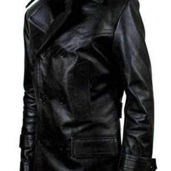Noora Mens Black Leather Double Breasted Biker Leather Trench Coat  | Black Belted Leather Trench Coat With Button Closure SU0132