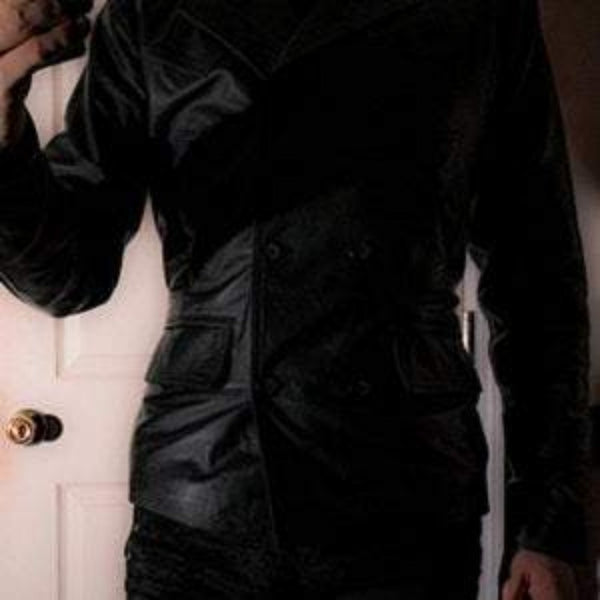 Noora Mens Black Leather Double Breasted Biker Leather Trench Coat  | Black Belted Leather Trench Coat With Button Closure SU0132