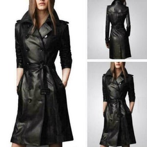 NOORA New Stylish Lambskin Soft Leather Women Black Genuine Leather Trench Coat, designer trench coat Color Available BS05