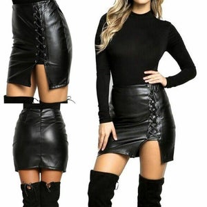 NOORA New Lady Leather Pleated Skirt Mini Dress Waist Black A-Line Cute high waisted Stretch skirt vintage skirt WA95