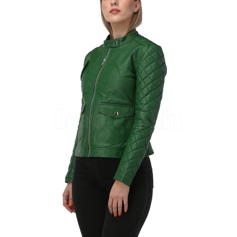 NOORA Green Women's  Leather Jacket Lambskin Motorcycle Biker Jacket With Zipper & Quilted| Snap Pocket JS011