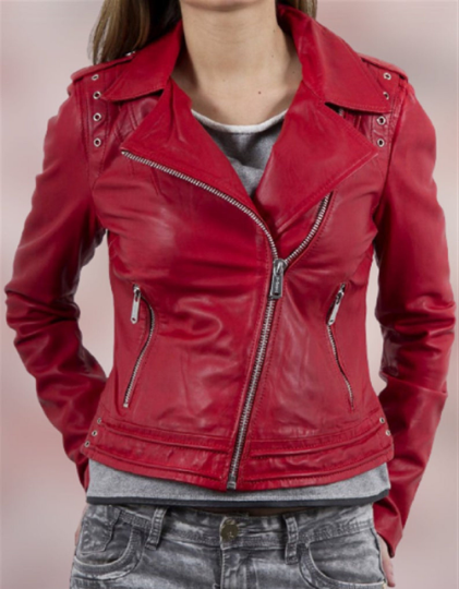 NOORA Womens  Lambskin Stylish Red Leather Jacket With Zipper & Pocket | Red Jacket With Eyelet | Slim Fit Jacket |  ST038