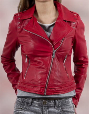 NOORA Womens  Lambskin Stylish Red Leather Jacket With Zipper & Pocket | Red Jacket With Eyelet | Slim Fit Jacket |  ST038