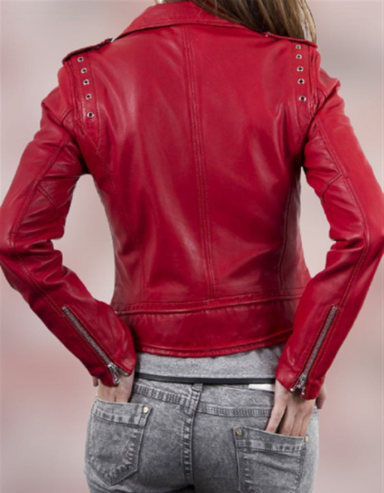 NOORA Womens  Lambskin Stylish Red Leather Jacket With Zipper & Pocket | Red Jacket With Eyelet | Slim Fit Jacket |  ST038