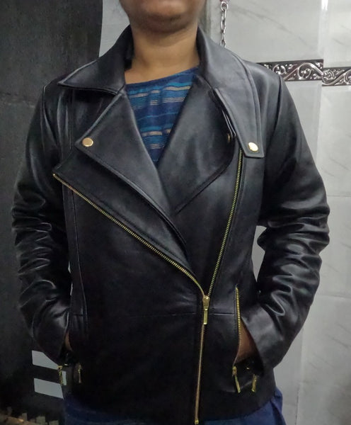 Noora Women's Lambskin Black Leather Jacket, Biker Motorcycle Leather Jacket, Western Party Wear Leather Jacket