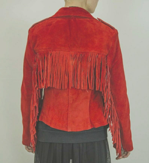 Noora Women's & Girls Red Suede Lambskin Leather Western Women Fringe Jacket Motorcycle / Biker Jacket for Halloween With Zip & Buttons UN05