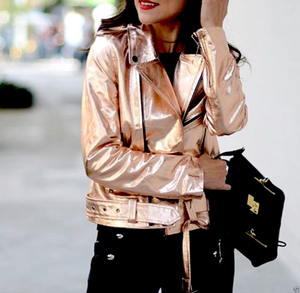 Noora New Women's Lambskin Rose Gold  Leather Belted Biker Jacket With Black Zipper & Snap | Shiny Leather Jacket  SU852