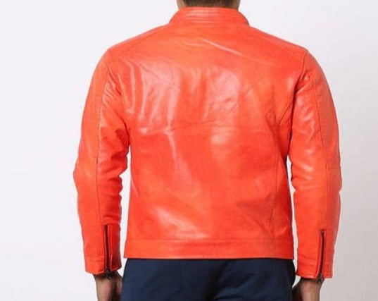 Noora Men's Lambskin Orange Leather Jacket | Biker Motorcycle Jacket | Handmade jacket | Men's Stylish Jacket | Slim Fit Jacket | SK 01