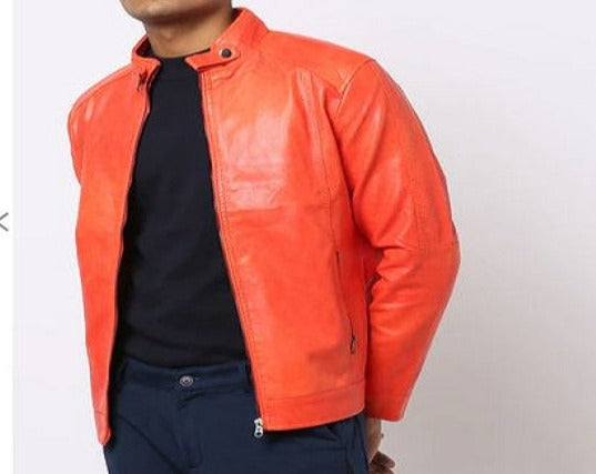 Noora Men's Lambskin Orange Leather Jacket | Biker Motorcycle Jacket | Handmade jacket | Men's Stylish Jacket | Slim Fit Jacket | SK 01