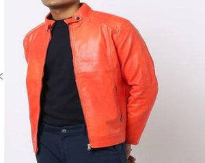 Noora Men's Lambskin Orange Leather Jacket | Biker Motorcycle Jacket | Handmade jacket | Men's Stylish Jacket | Slim Fit Jacket | SK 01
