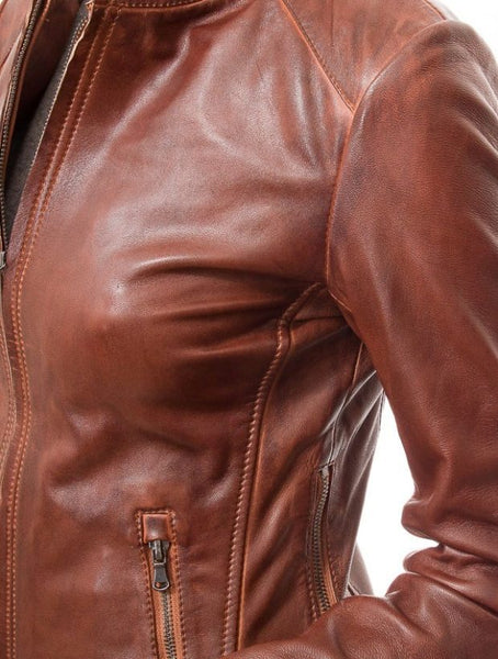 NOORA Lambskin Glossy Tan Leather Jacket For Women, Two Ton Leather Coat With Zipper Closure YK0241