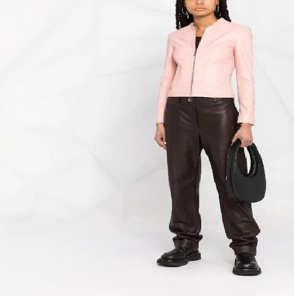 NOORA Women's Lambskin Baby Pink Leather Motorcycle Jacket With Zipper & Chinese Collar Slim Fit Biker Jacket SN022