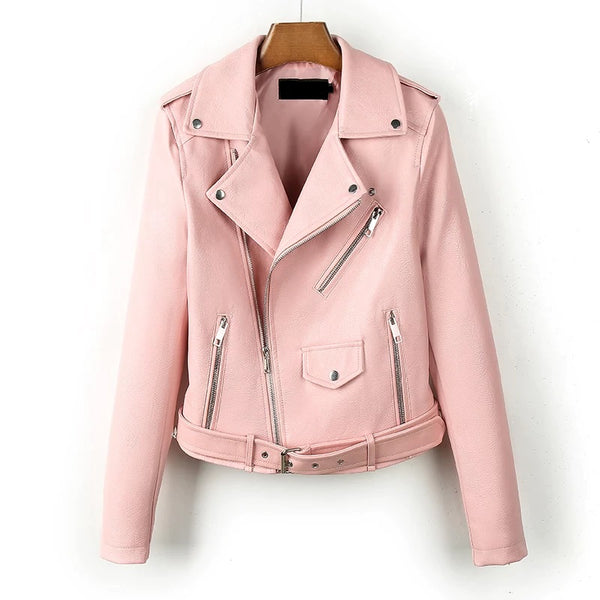 NOORA Women's Pink Leather Biker Jacket With Zipper & Pocket | Belted Jacket | Zip On Sleeves | Best Gift for Winter | SN021