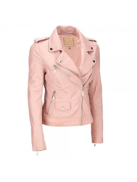NOORA Women's Light Pink Lambskin Leather Jacket | Motorcycle Jacket | Slim Fit Winter Jacket for Her | SN020