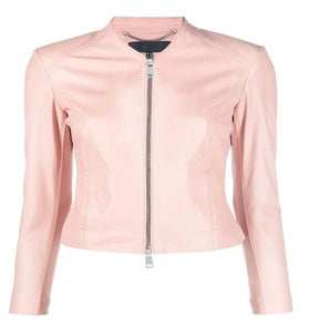 NOORA Women's Lambskin Baby Pink Leather Motorcycle Jacket With Zipper & Chinese Collar Slim Fit Biker Jacket SN022
