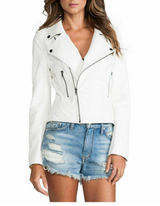 NOORA Womens Lambkin White Leather Biker Style Jacket With Zipper & Zipped Pocket | Snap On Collar |  ST044
