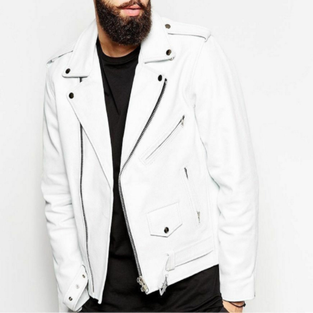 NOORA Mens White Leather Biker Jacket With Zipper & Pocket | Shoulder Strap | Snap On Collar | Belted Jacket | ST028