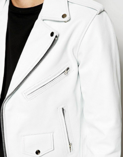 NOORA Mens White Leather Biker Jacket With Zipper & Pocket | Shoulder Strap | Snap On Collar | Belted Jacket | ST028