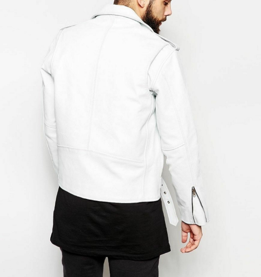 NOORA Mens White Leather Biker Jacket With Zipper & Pocket | Shoulder Strap | Snap On Collar | Belted Jacket | ST028