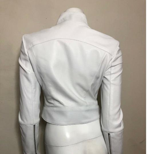 NOORA Womens White Leather Biker Crop Jacket  | Slim Fit Jacket | Motorcycle  Jacket With Zipper | ST024