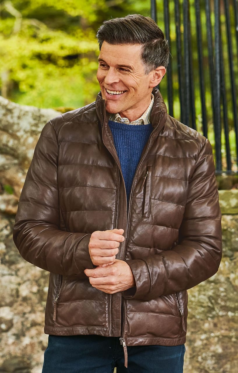 Noora New Men's 100% Brown Lambskin Leather Quilted Jacket Biker With Brown Zipper UN125
