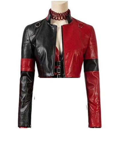 NOORA Womens Genuine Lambskin Leather Red & Black Cropped Jacket Quinn Style-SK058