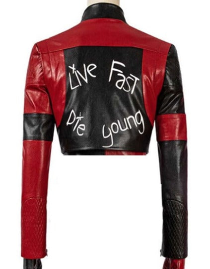 NOORA Womens Genuine Lambskin Leather Red & Black Cropped Jacket Quinn Style-SK058