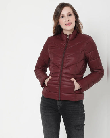 NOORA Womens Burgundy Leather Puffer Quilted Jacket With Zipper & Pocket | Zip Up Leather jacket | JS33