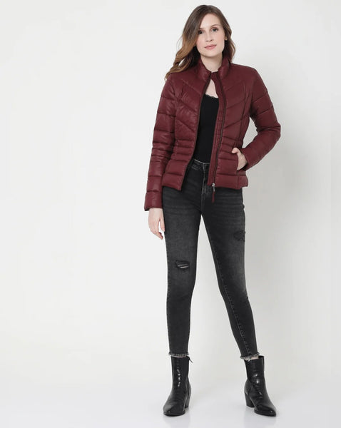 Noora Womens Burgundy Leather Puffer Quilted Jacket With Zipper & Pocket | Zip Up Leather jacket | JS33