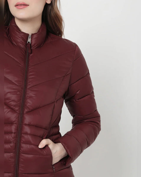 Noora Womens Burgundy Leather Puffer Quilted Jacket With Zipper & Pocket | Zip Up Leather jacket | JS33