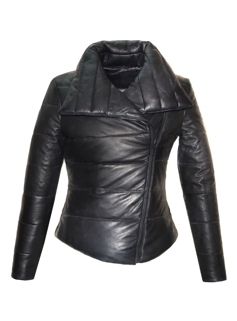 NOORA Womens Black Leather Puffer Quilted Jacket With Side Zipper & Pocket | Zip Up Leather jacket | JS34