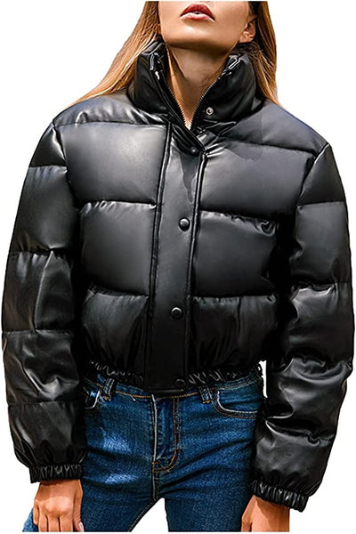 Noora Women's Black Leather Crop Bubble Coat Puffer Quilted Jacket With Zipper & Pocket | Zip Up Leather Jacket JS35