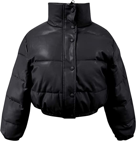 Noora Women's Black Leather Crop Bubble Coat Puffer Quilted Jacket With Zipper & Pocket | Zip Up Leather Jacket JS35