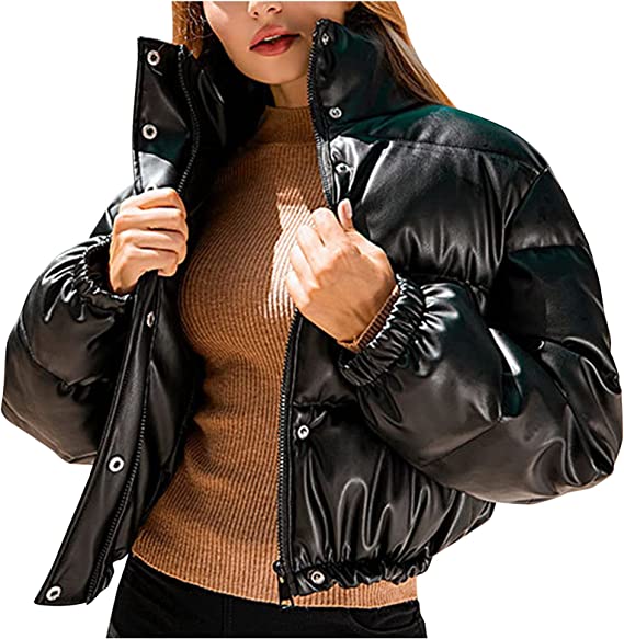 NOORA Womens Black Leather Crop Bubble Coat Puffer Quilted Jacket With Zipper & Pocket | Zip Up Leather jacket | JS35
