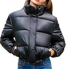 NOORA Womens Black Leather Crop Bubble Coat Puffer Quilted Jacket With Zipper & Pocket | Zip Up Leather jacket | JS35